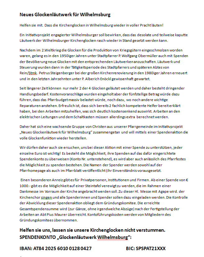 Spendenaufruf Neues Glockenläutwerk